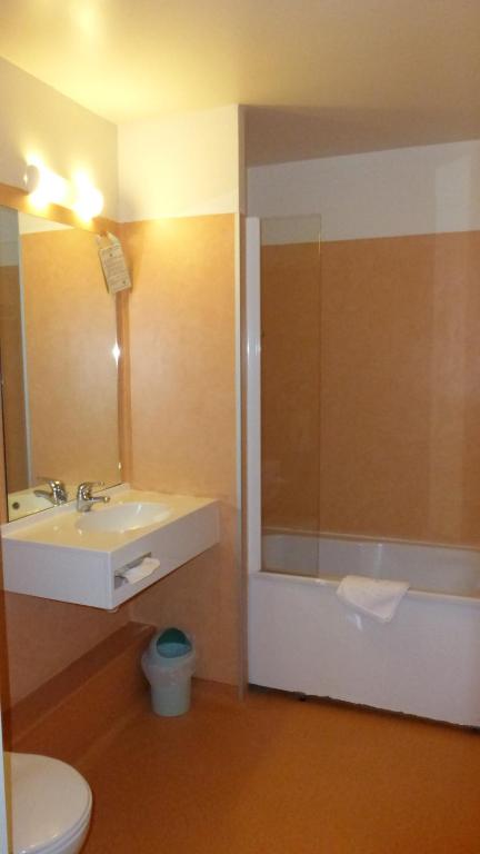 a bathroom with a sink and a toilet and a mirror at Les Balcons Du Velay in Monistrol-sur-Loire