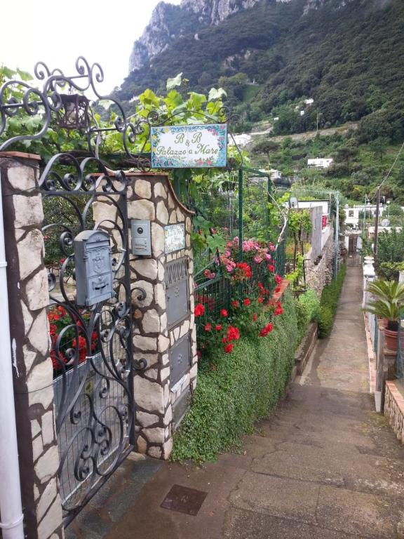 a garden with flowers on a stone wall at B&B Palazzo a Mare in Capri