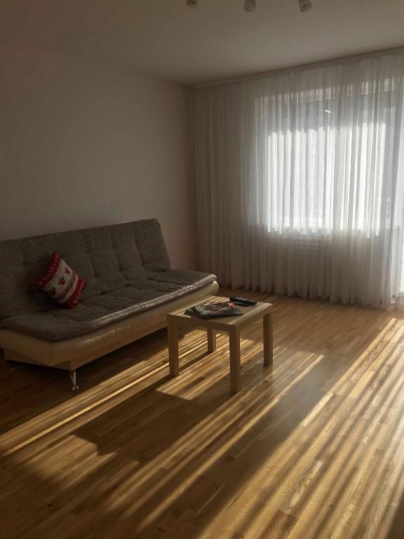 a living room with a couch and a coffee table at Welcoming apartment in Anykščiai