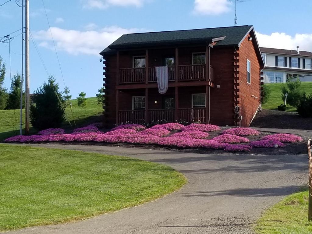 a house with pink flowers in front of it at Amish Blessings Cabins in Millersburg
