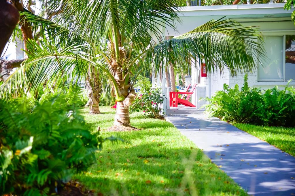 a palm tree next to a house with a sidewalk at Sunset Inn in Islamorada