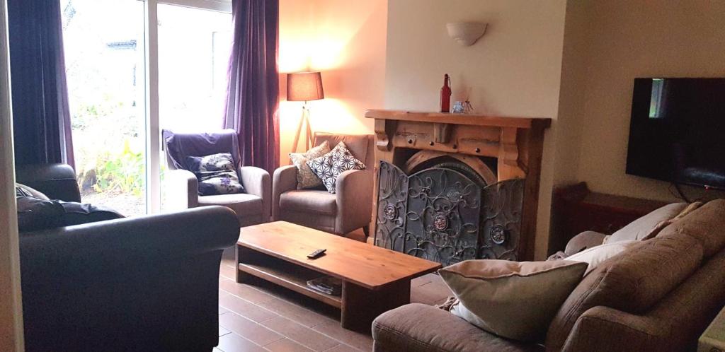 a living room with two couches and a fireplace at Ethan House in Killarney