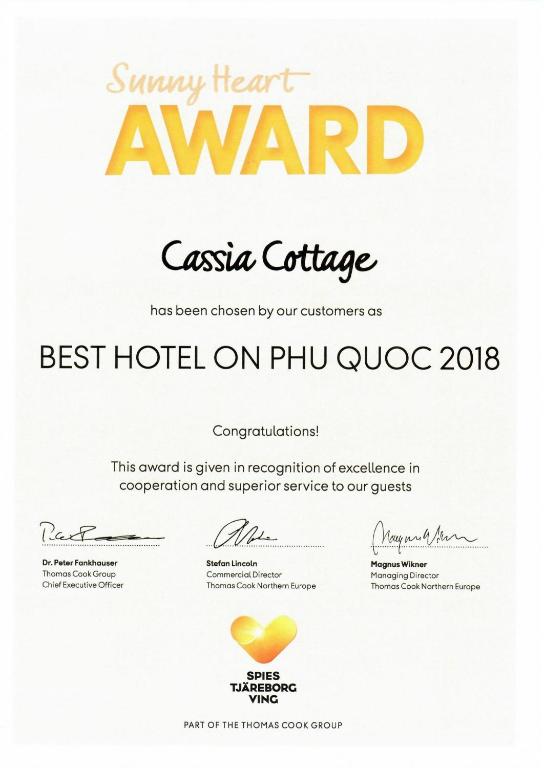Certifikát, hodnocení, plakát nebo jiný dokument vystavený v ubytování Cassia Cottage Resort and Spa