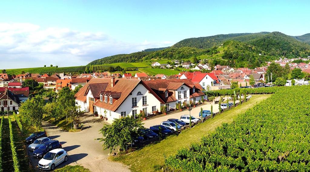 une vue aérienne sur un petit village avec des voitures garées dans l'établissement Das Landhotel Weingut Gernert, à Sankt Martin