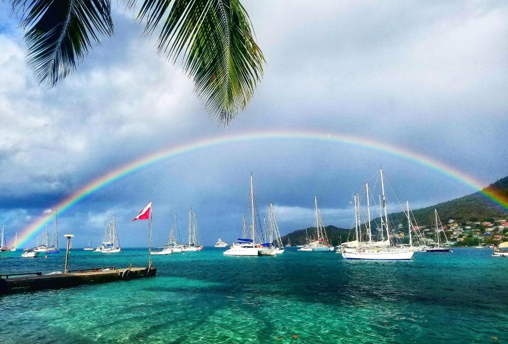 a rainbow over a harbor with boats in the water at Gingerbread Suites in Port Elizabeth