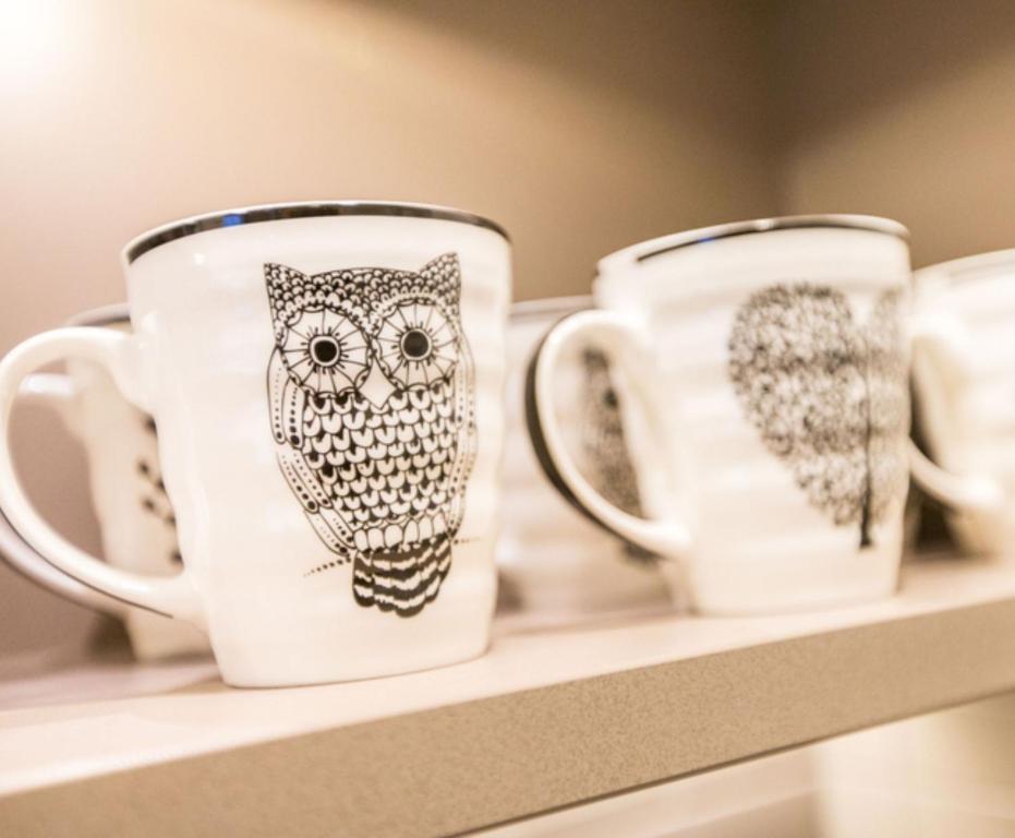 three coffee mugs with an owl painted on them on a shelf at ASURE Destiny on Fitzherbert Motel in Palmerston North