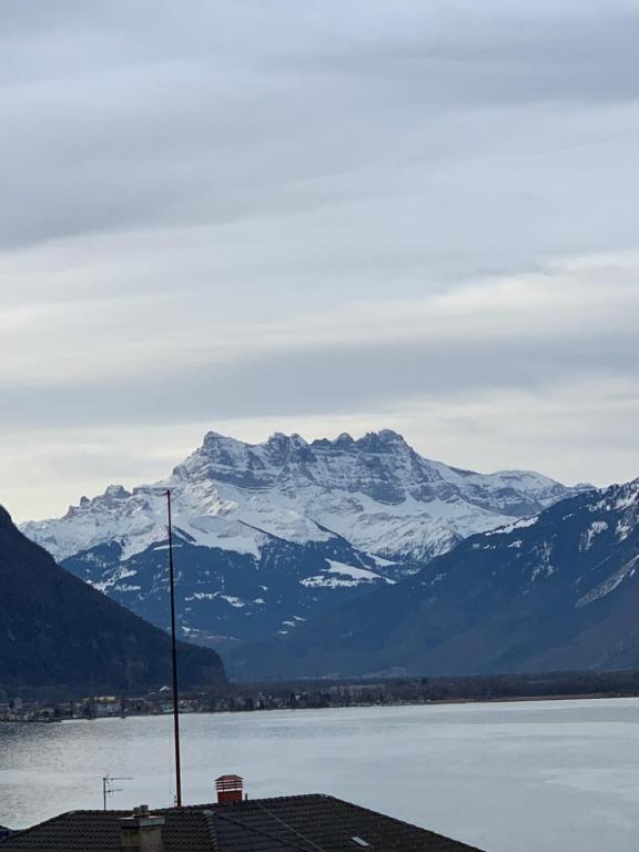 vistas a una cordillera con montañas cubiertas de nieve en TOP Montreux Centre 2-8 p., view lake and Chillon Castle, en Montreux