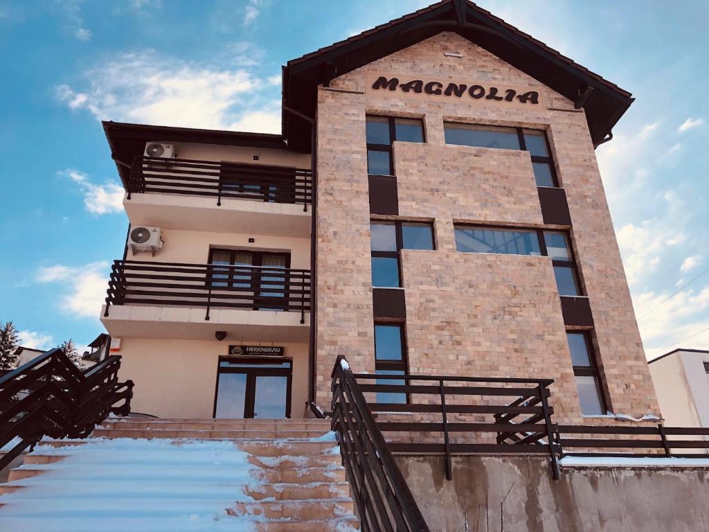 a building with stairs in front of it at Pensiunea Magnolia in Craiova