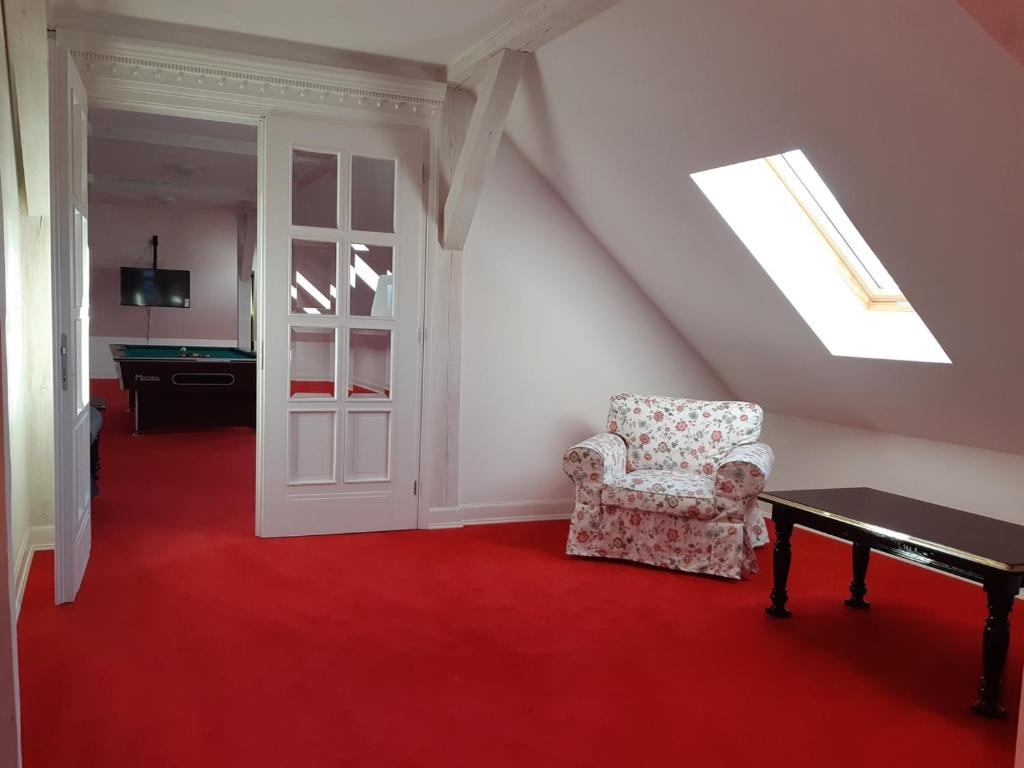Bright attic lounge with floral armchair, skylight, red carpet and pool table glimpsed through glass door.