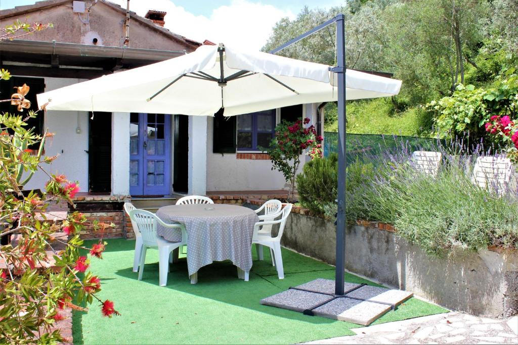 a table and chairs under an umbrella in a yard at Fattoria Cristina - Mono in Castelnuovo Magra