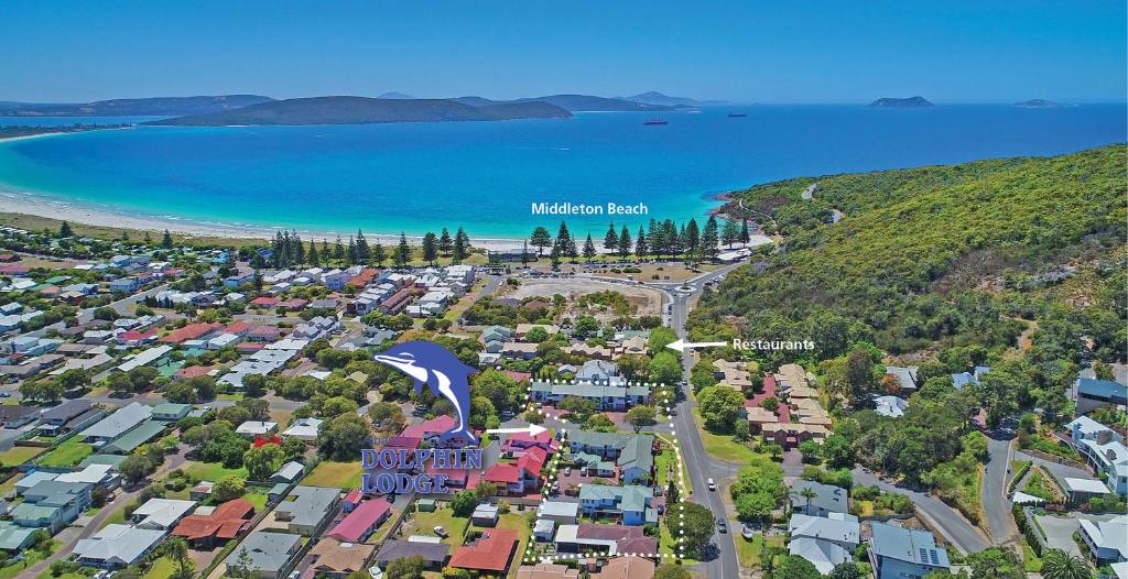 an aerial view of a town next to the water at Dolphin Lodge Albany - Self Contained Apartments at Middleton Beach in Albany