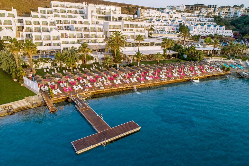 Prive Hotel Bodrum - Adult Only في بودروم: اطلالة جوية على منتجع مع مسبح ماء