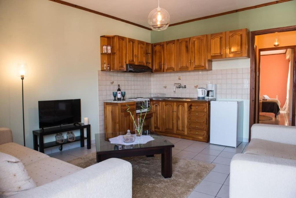 a living room with a couch and a kitchen at Small Town Apartment in Konitsa
