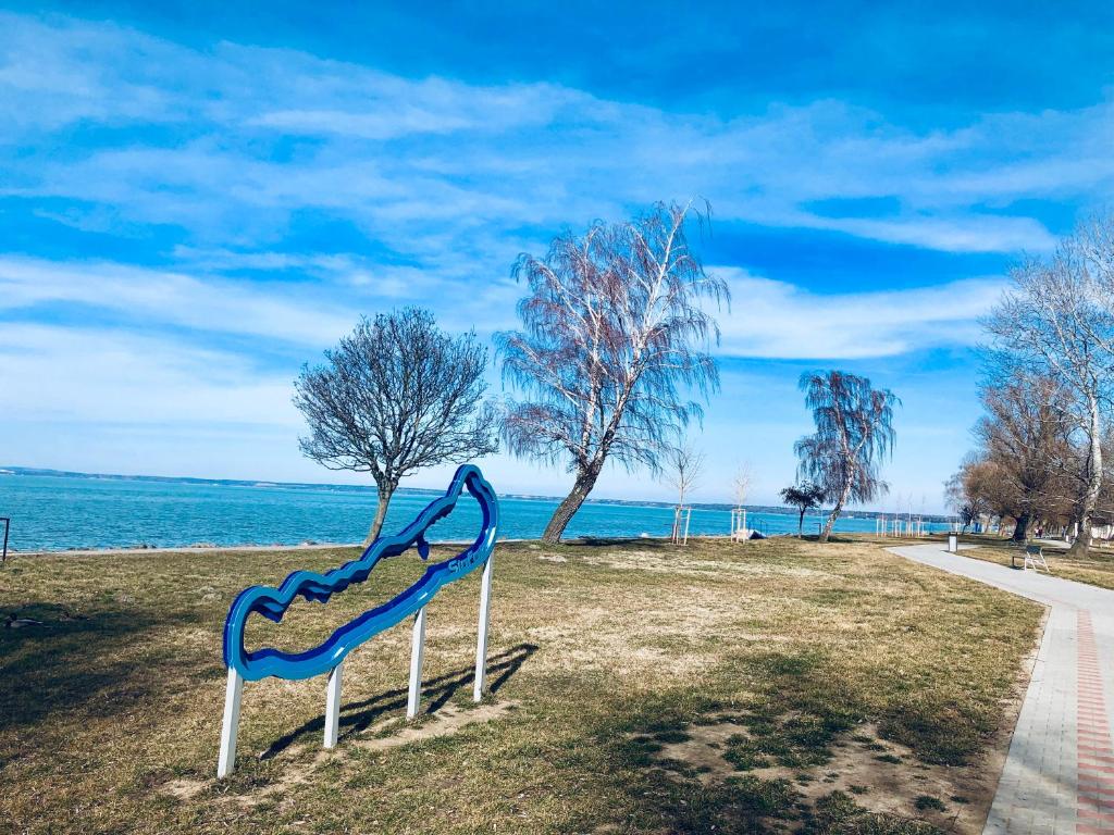 niebieska zjeżdżalnia w parku obok wody w obiekcie Villa Oliver 2 Siófok w Siófoku
