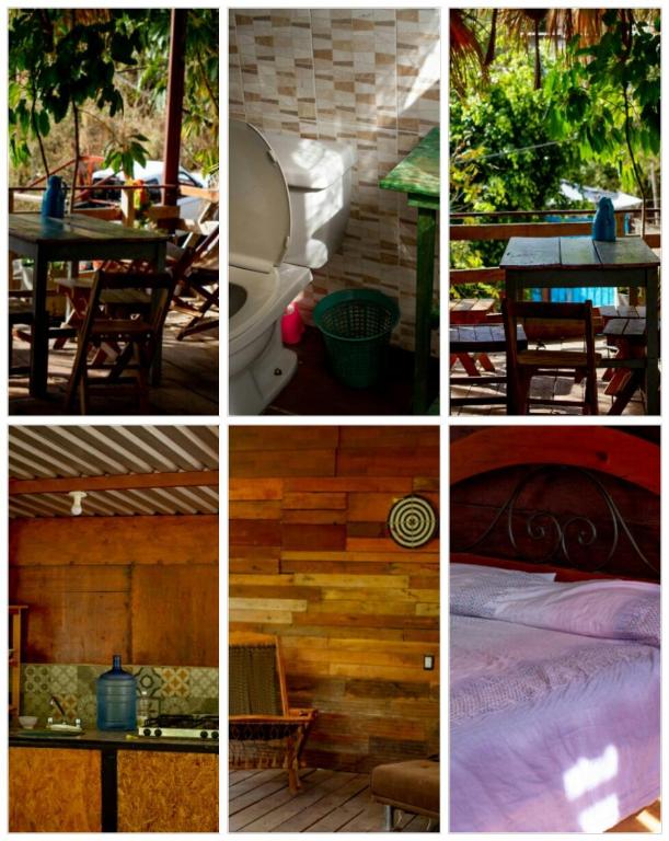 a collage of four pictures with a table and a bed at La casa del nenufar in Oaxaca City