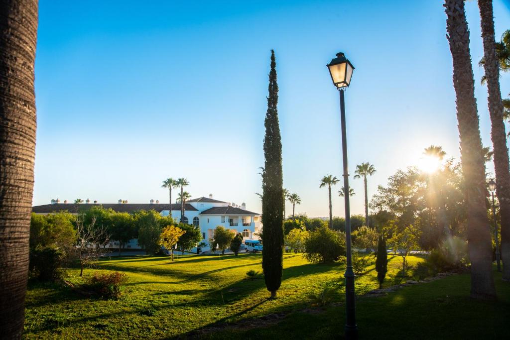 a street light in a park with palm trees at Colina Verde Resort in Moncarapacho