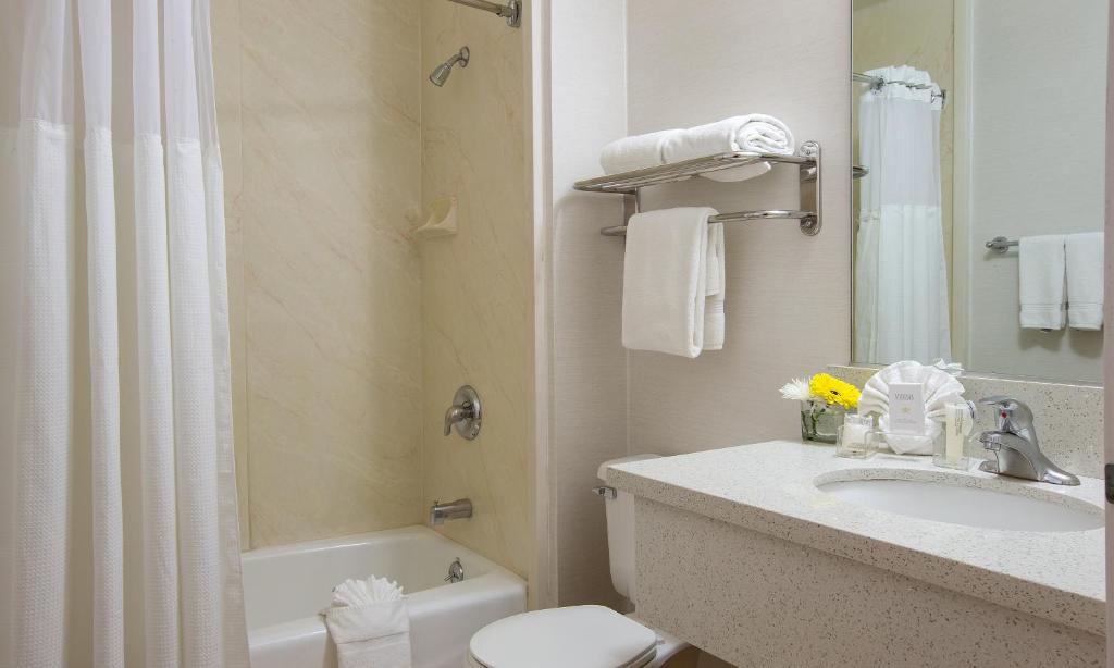 a white toilet sitting next to a white sink at Safari Inn, a Coast Hotel in Burbank