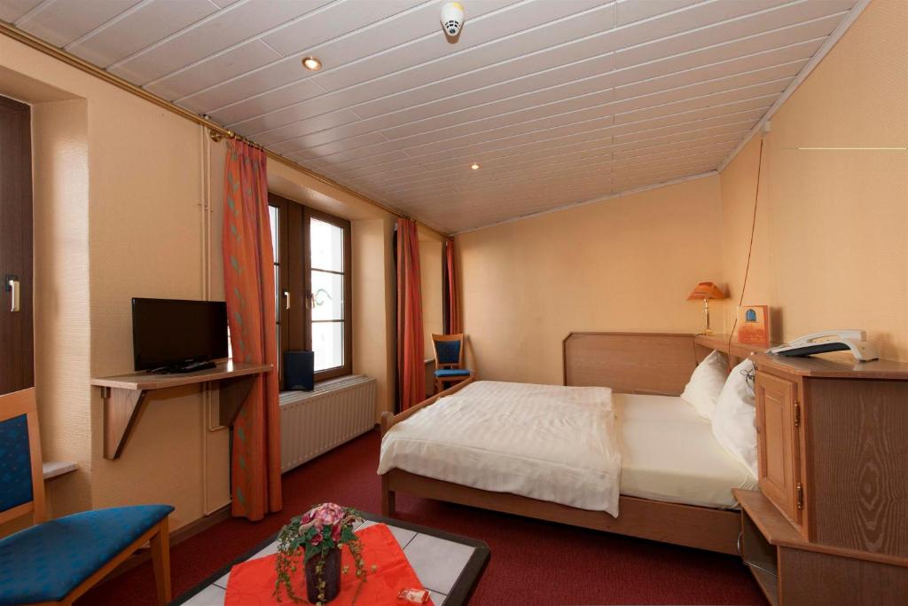 a hotel room with a bed and a television at Logis Hotel-Restaurant Petry in Vianden