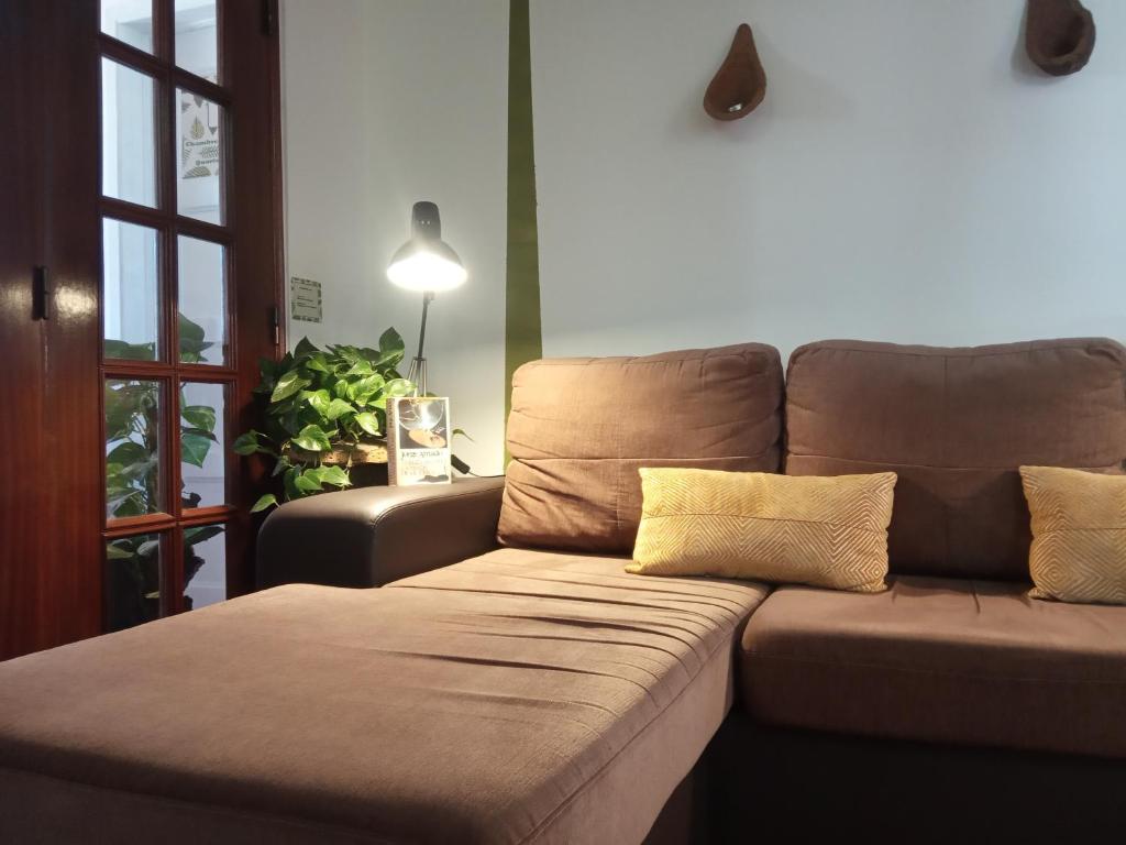 a brown couch with two pillows on it in a living room at Hostel Nature in Zambujeira do Mar