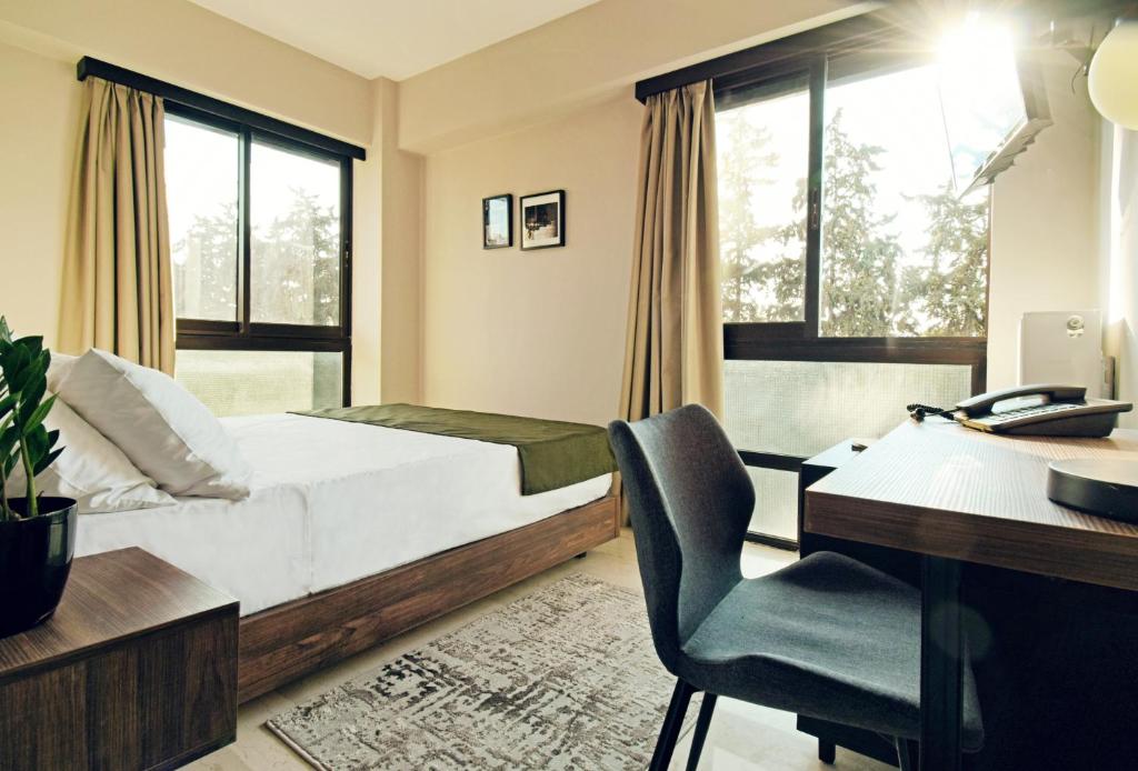 雅典Athens Iris Hotel的一间卧室配有一张床和一张带电脑的书桌