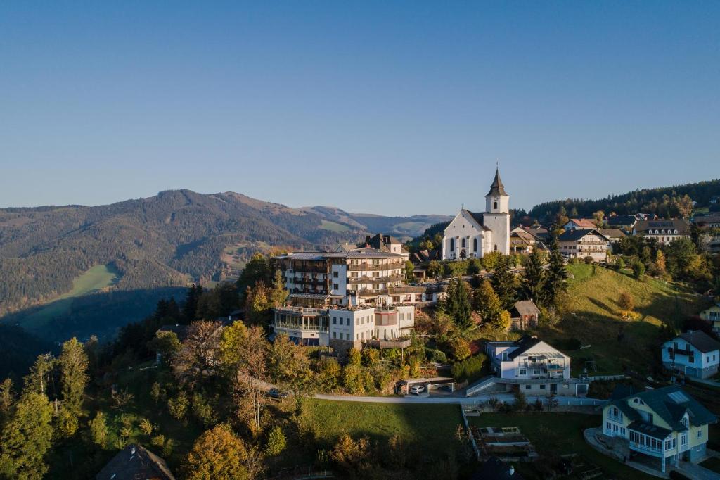 una vista aerea di una villa su una collina di Der WILDe EDER a Sankt Kathrein am Offenegg