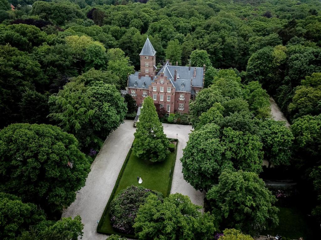 an aerial view of a castle in the middle of a forest at Kasteel de Wittenburg in Wassenaar