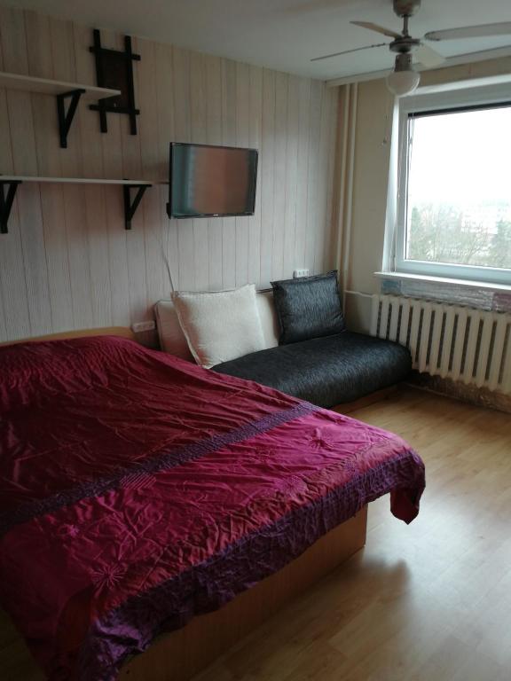 a bedroom with a bed and a chair and a tv at Flat, 1 room, study in Panevėžys