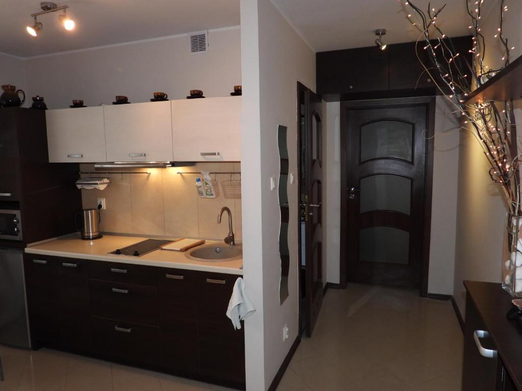 a kitchen with black cabinets and a sink at Leukozja in Krynica Morska