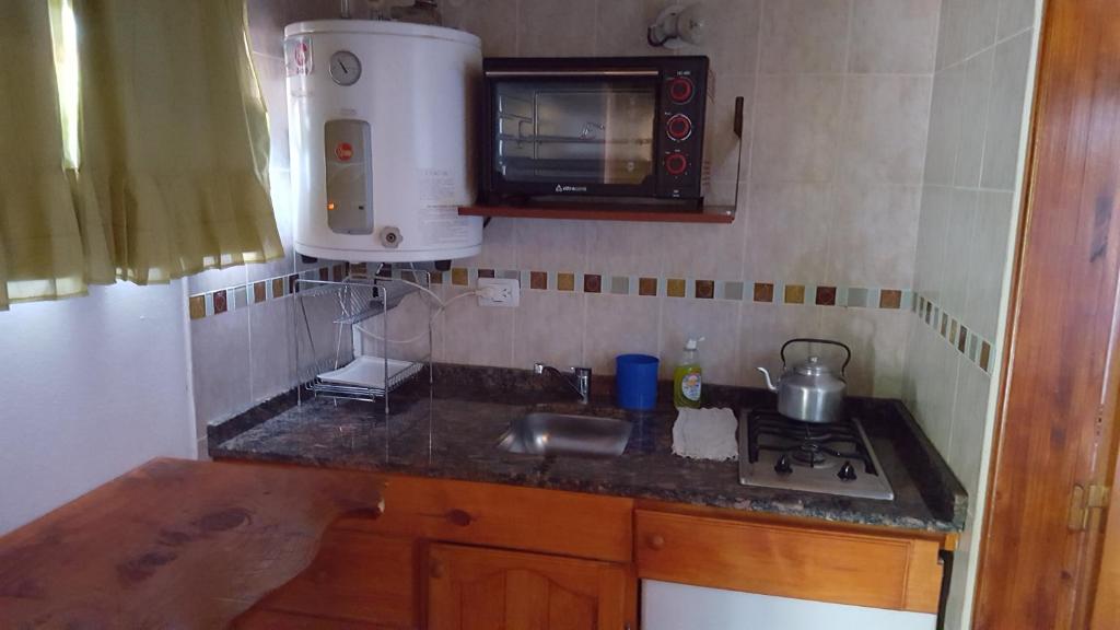 a small kitchen with a sink and a microwave at La Herradura in Santa Rosa de Calamuchita