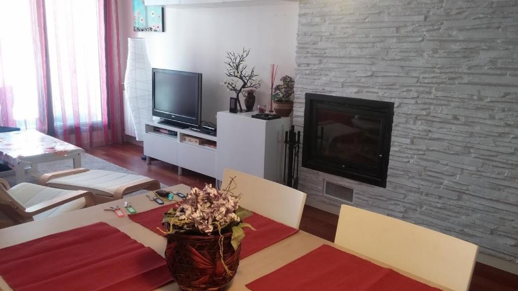sala de estar con chimenea y TV en Apartamento en Las Margas, en Sabiñánigo