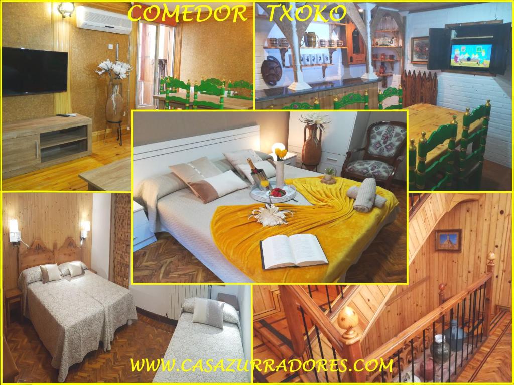 un collage de photos d'une chambre avec un lit et une télévision dans l'établissement Casa Zurradores, à Tudela