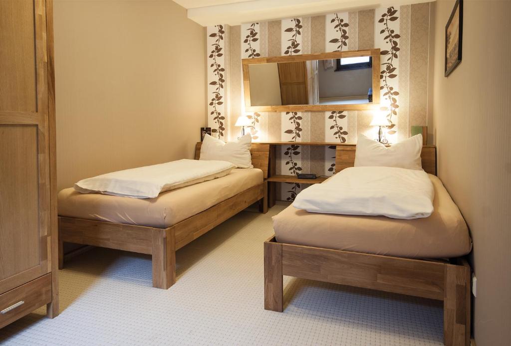 1 dormitorio con 2 camas, espejo y TV en FW Loreleyblick, en Sankt Goar