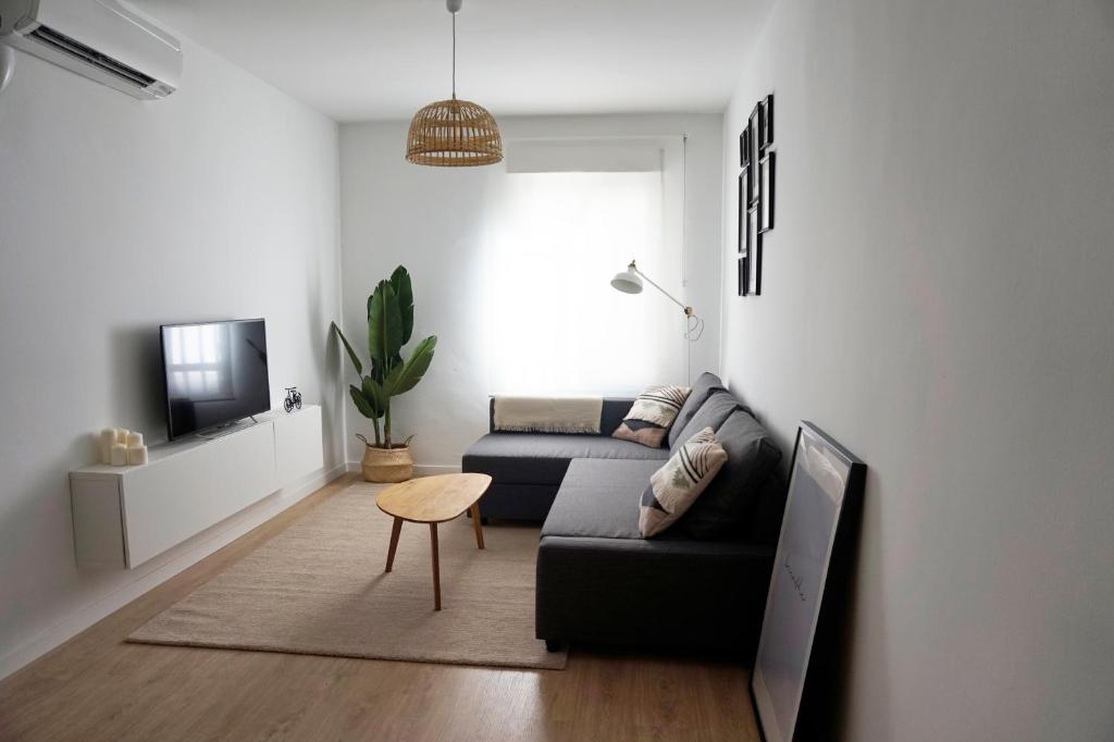 隆达Ronda Chic Apartments - C/ Lauria - Centro ciudad的带沙发和电视的客厅