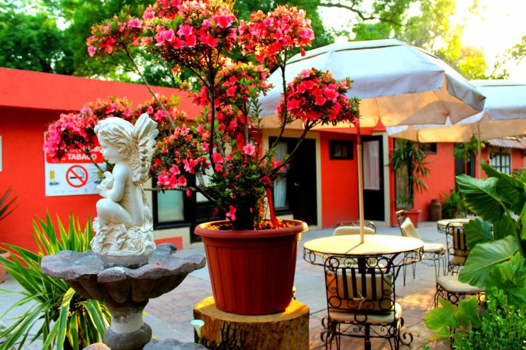 a patio with two large potted trees and a table with flowers at Posada Los Ahuehuetes in San Juan Teotihuacán