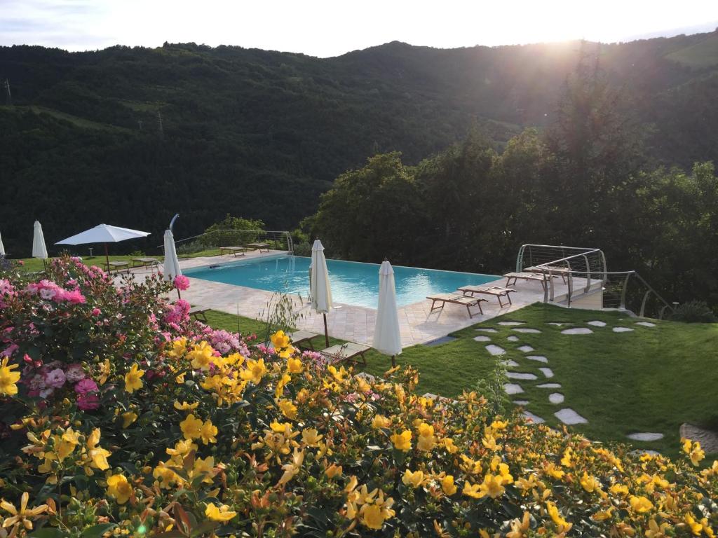 a pool with umbrellas in a garden with flowers at Agriturismo Corte Dei Mori in Brisighella