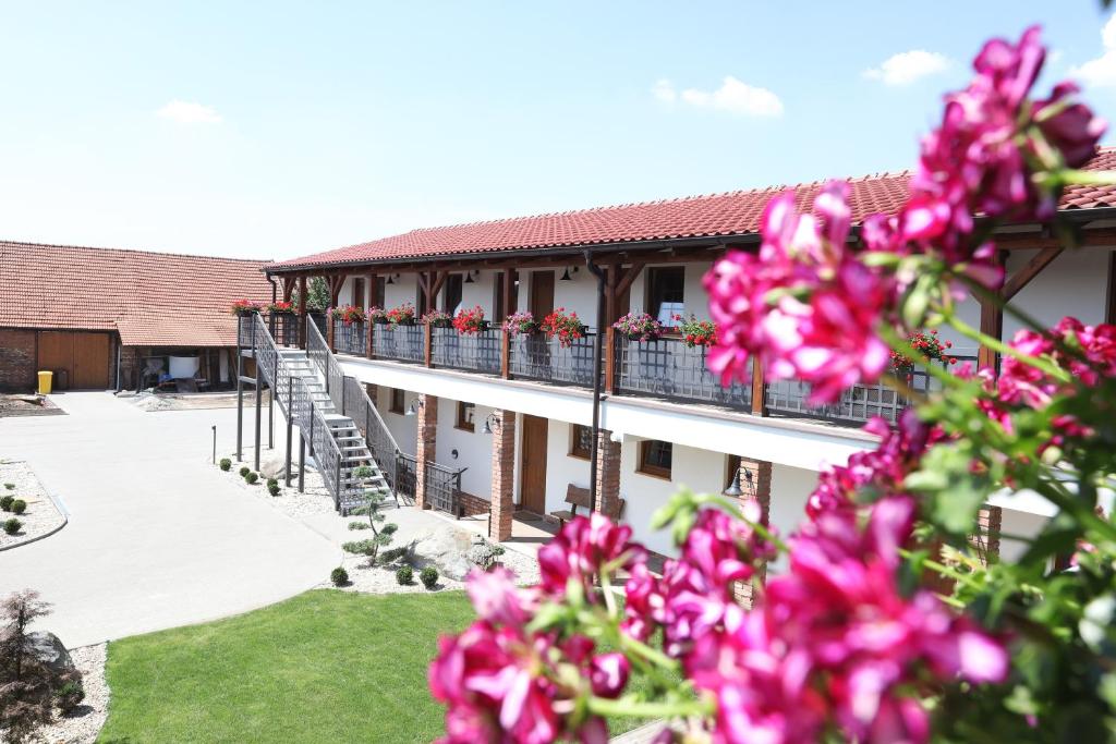 un edificio con flores rosas en el balcón en Penzion BLATNICE, en Blatnice