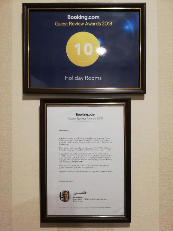 Certifikát, hodnocení, plakát nebo jiný dokument vystavený v ubytování Holiday Rooms