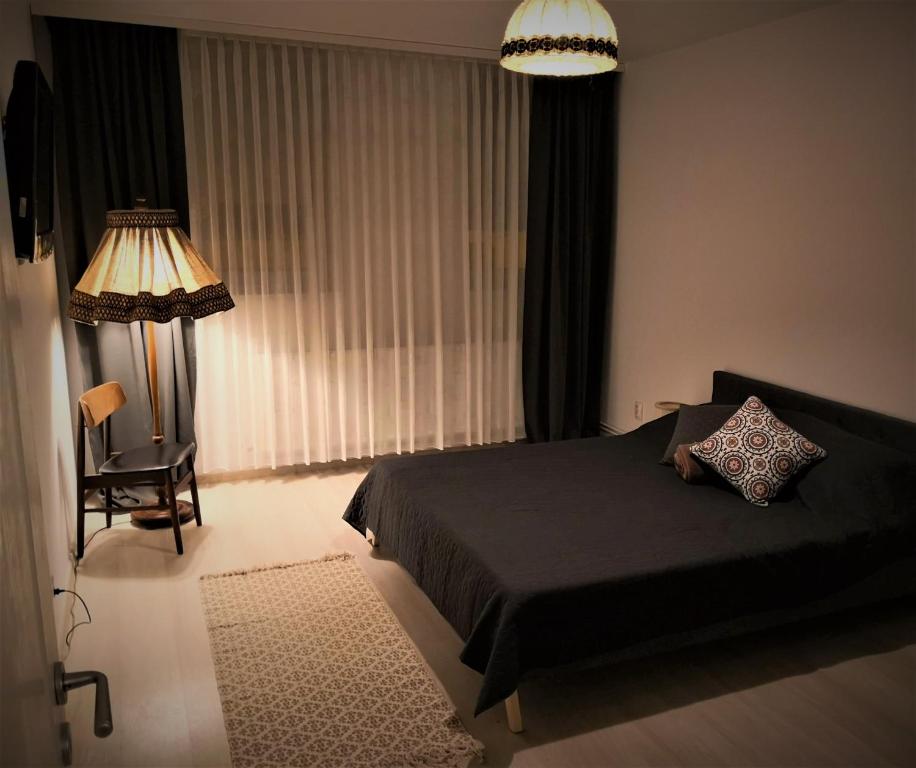 um quarto com uma cama, um candeeiro e uma cadeira em Sunny Town House em Brasov