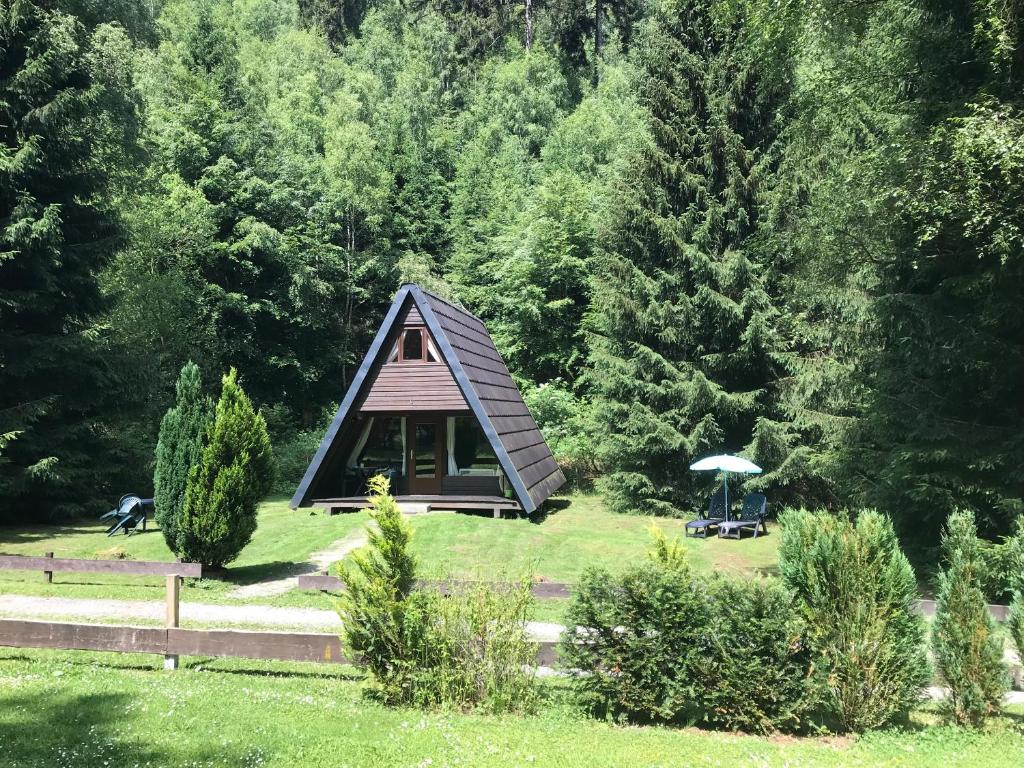 a cabin in the middle of a field with trees at Ferienhäuser Am Waldschlößchen in Lautenthal