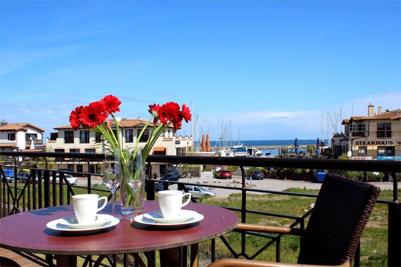 a table with a vase of red flowers on a balcony at Appartementanlage Urlaubsträume in Fulgen