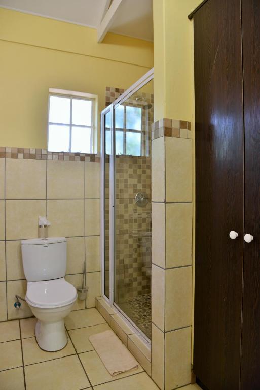 a bathroom with a toilet and a glass shower at Chobe River Cottages in Kasane