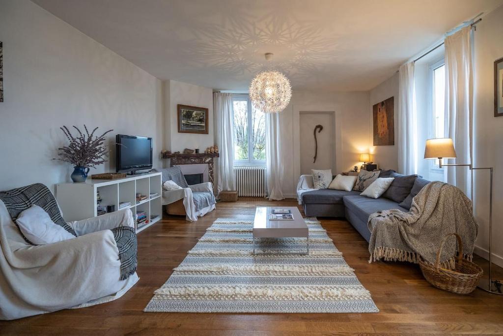 a living room with a couch and chairs and a tv at Bright airy spacious apartment in Passy