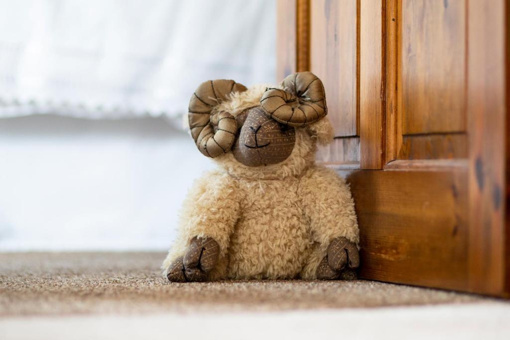 a stuffed animal sitting on the floor next to a door at Ceol na Mara Guest House in Tarbert