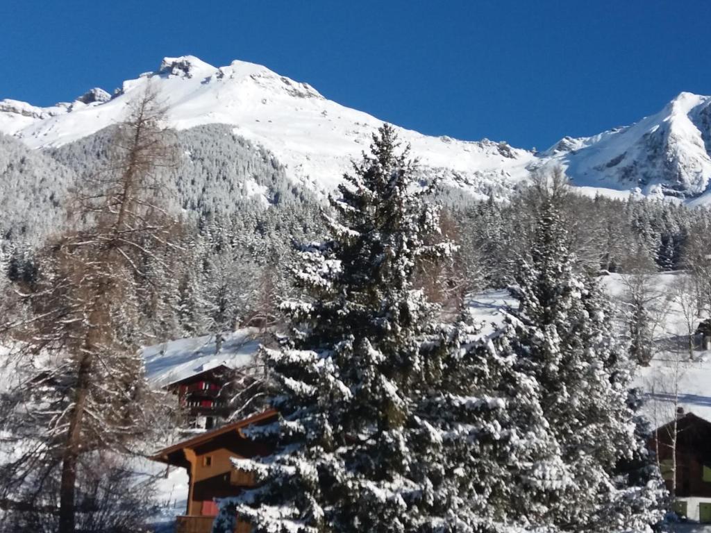 a ski lodge with a snow covered mountain in the background at Chalet uf em Stutz 1 in Grindelwald