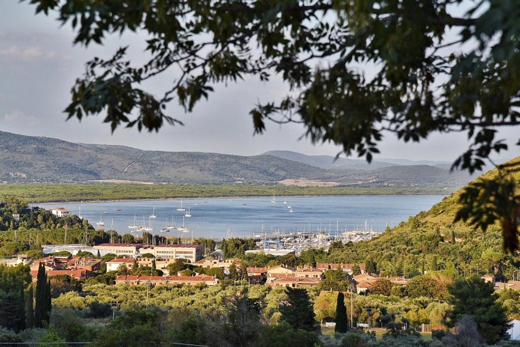 uma vista para uma cidade e uma baía com barcos em Il Molino em Porto Ercole