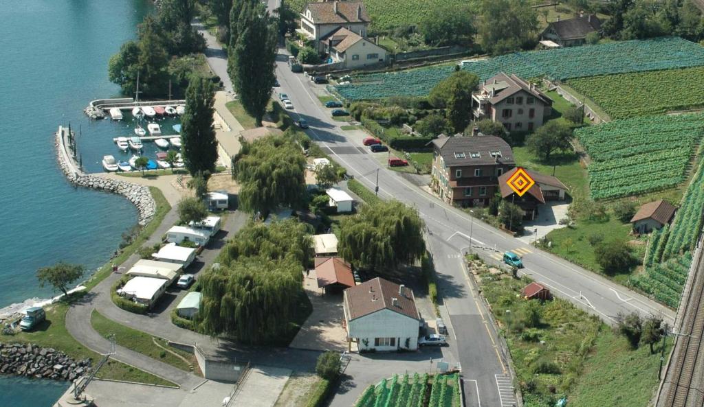 an aerial view of a small town next to the water at cave de moratel in Cully