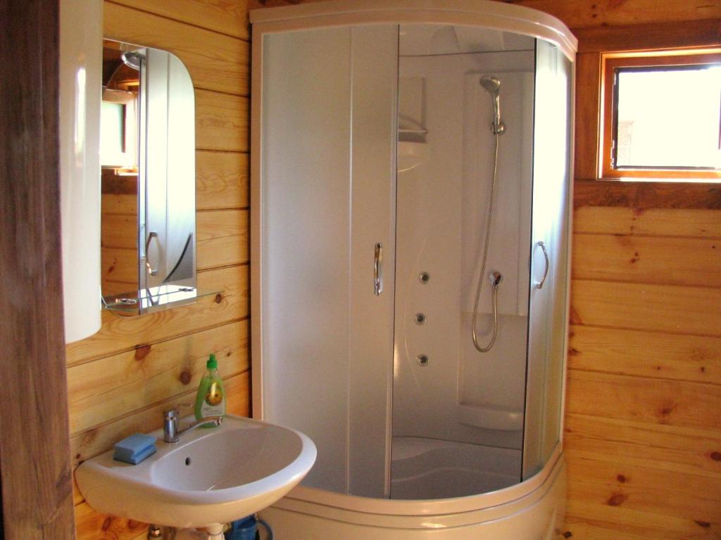 W łazience znajduje się prysznic i umywalka. w obiekcie Лісова хатинка w mieście Haivka