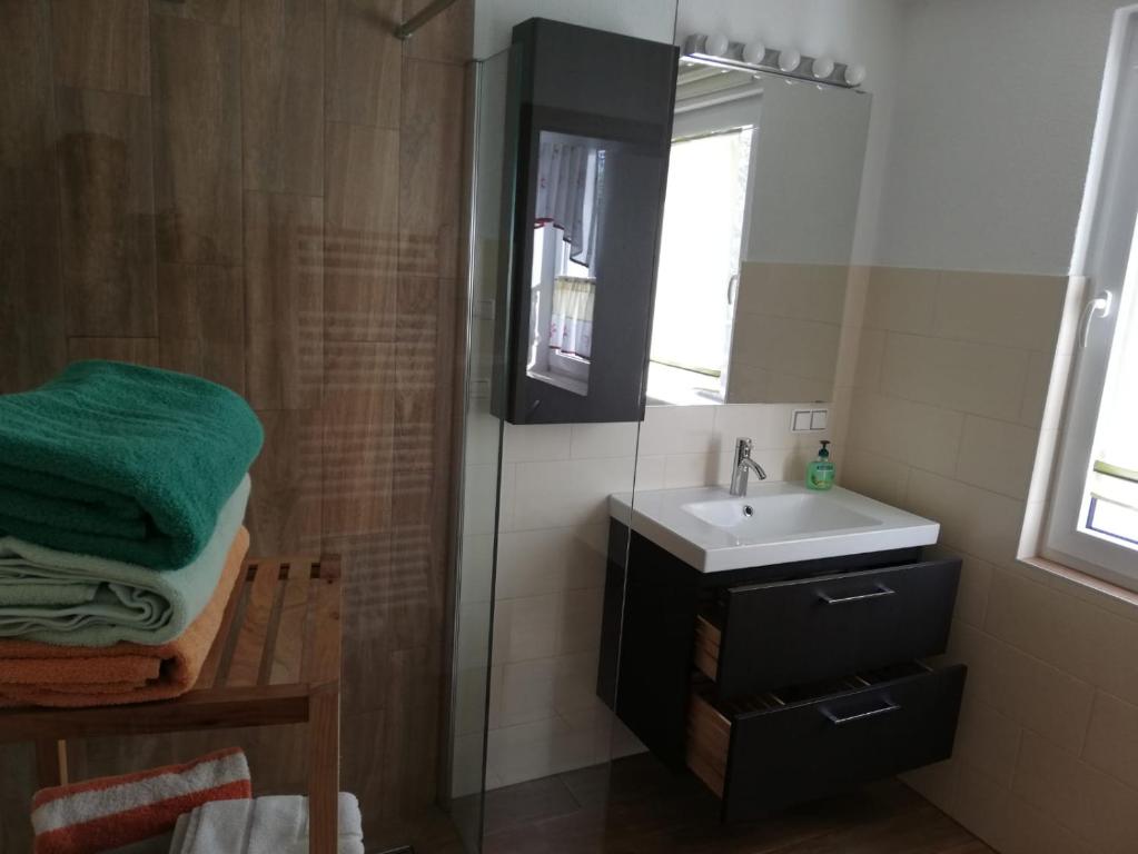 a bathroom with a sink and a shower with a mirror at Ferienwohnung, Monteurwohnung in Hauswalde