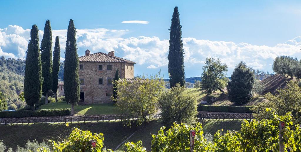 an estate with cypress trees and a building at Villa La Maccinaia in Monte Benichi