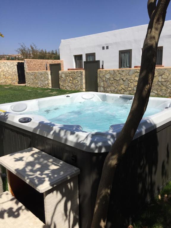 a hot tub in a yard with a tree at El Olivar Experiences - Adults Recommended in Puerto del Rosario